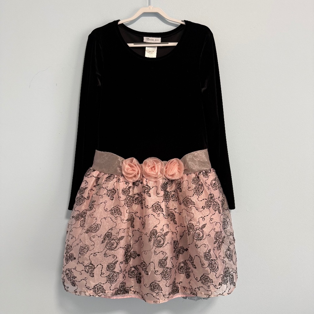Bonnie Jean Big Girls Black Velvet/Pink Embroidered Tutu Drop Waist Dress Sz 12